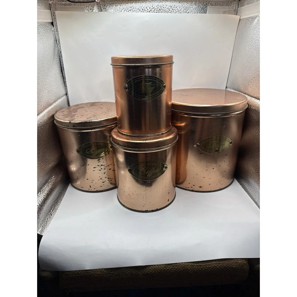 Copper Metal Cylinder Coffee Tea Sugar Flour Canister Set, With Lids, 4Piece MCM